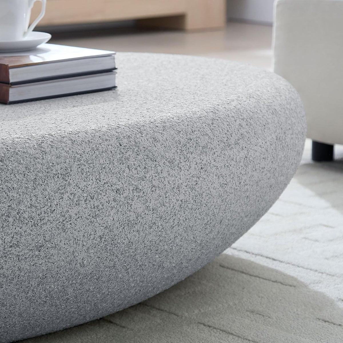 55.12' Faux Stone Coffee Table Modern Unique Coffee Table Oval Rock Center Tables Round Edge Design Fiberglass Concrete Accent Tables for Living Room Office Apartment No Assembly, Cement