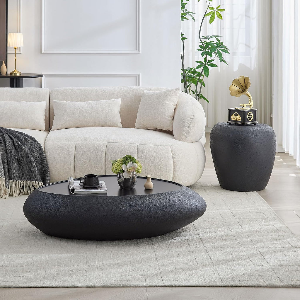 45.28' Oval Coffee Table, Modern Faux Stone Circle Center Tables Accent Drum End Side Table for Living Room, No Installation Required,Black
