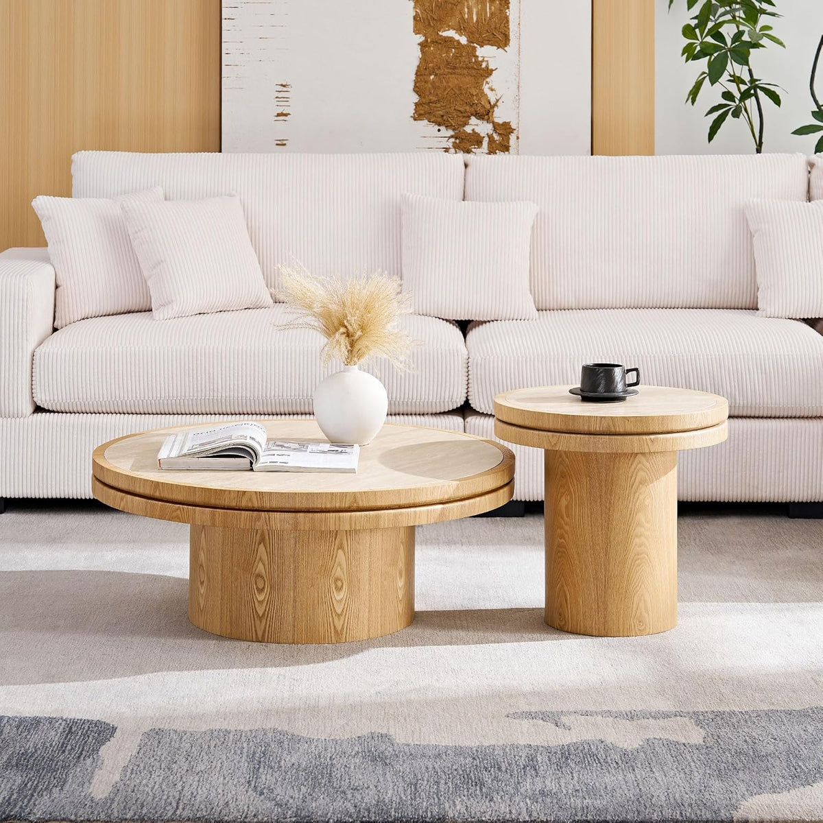 LKTART 35.43 Inch Round Coffee Table with Travertine Texture Sintered Stone Top, Mid-Century Modern Pedestal Center Table, Wood Coffee Tables for Living Room Bedroom Apartment, Easy Assembly, Natural