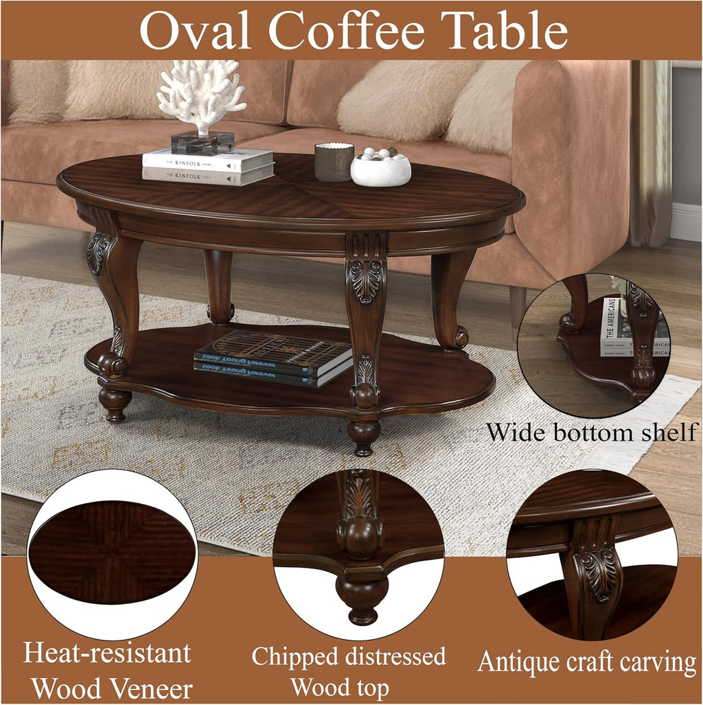 Wood Oval Living Room Coffee Table with Storage Shelf, 2 Tier Wood Coffee Table for Small Space - Cherry