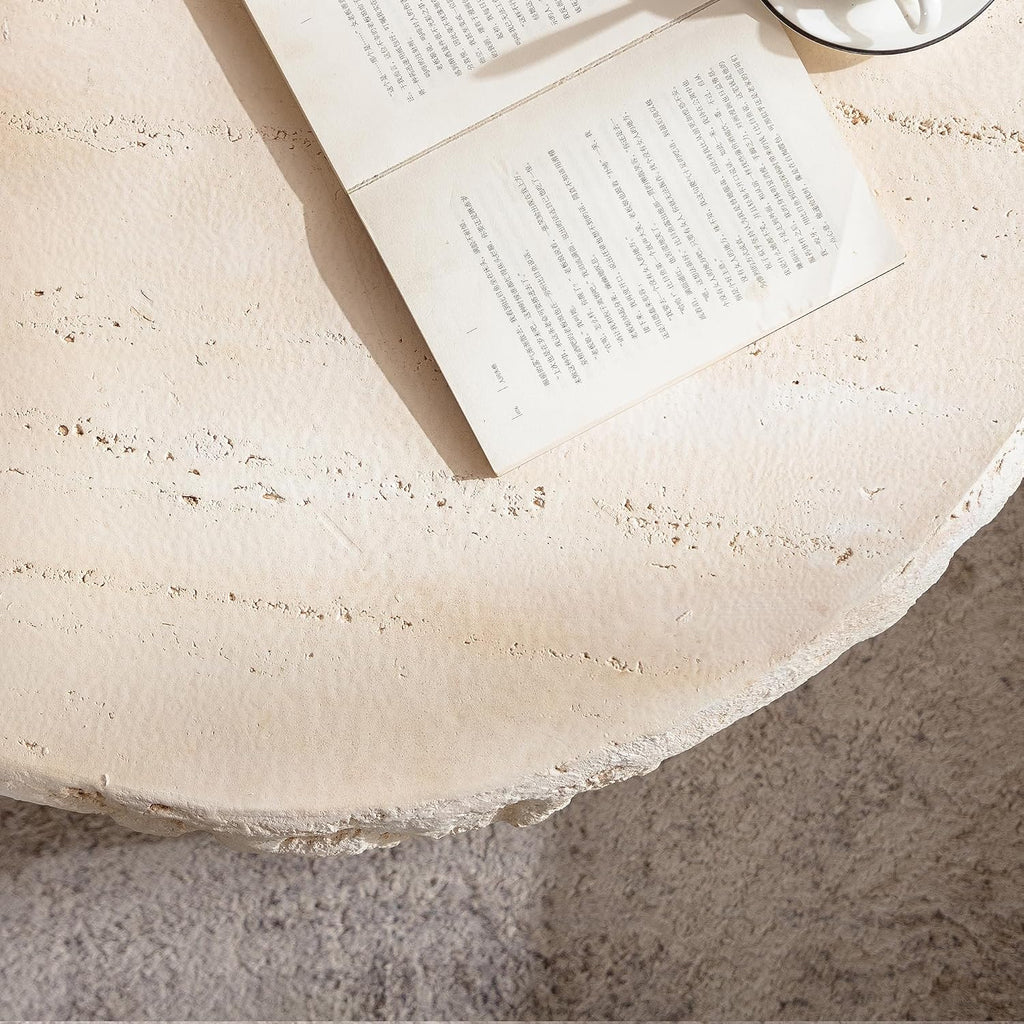 Round Coffee Table for Living Room Outdoor Faux Stone Coffee Table Amber Travertine Concrete Pattern, 31.49' Modern Faux Marble Center Tables Tea Tables, No Need Assemble, Beige
