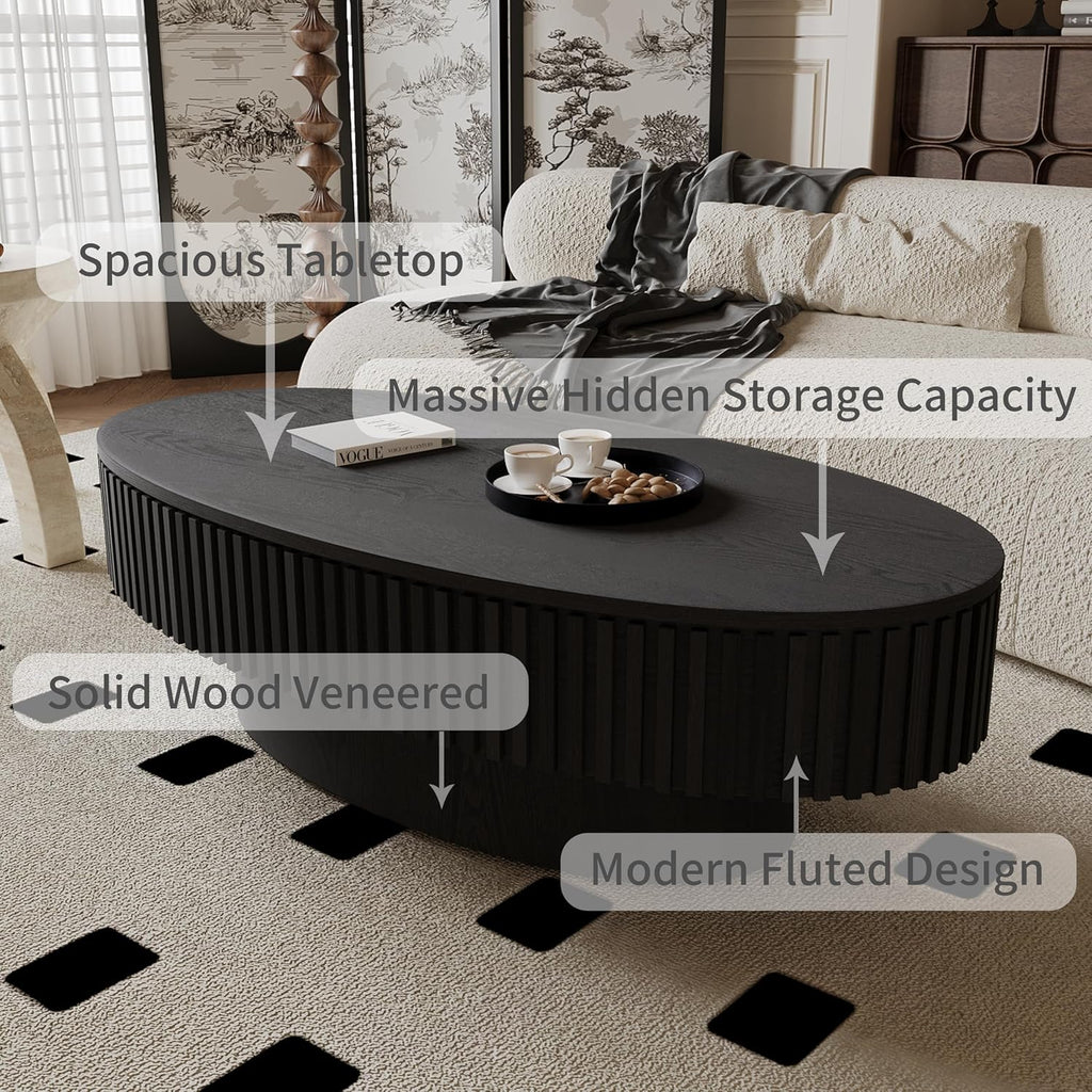 Henf 47' Oval Wood Coffee Table with Storage, Modern Handcraft Coffee Table Wooden Elliptic Sofa Center Table for Living Room Apartment Home Office, Easy Assembled (Black)