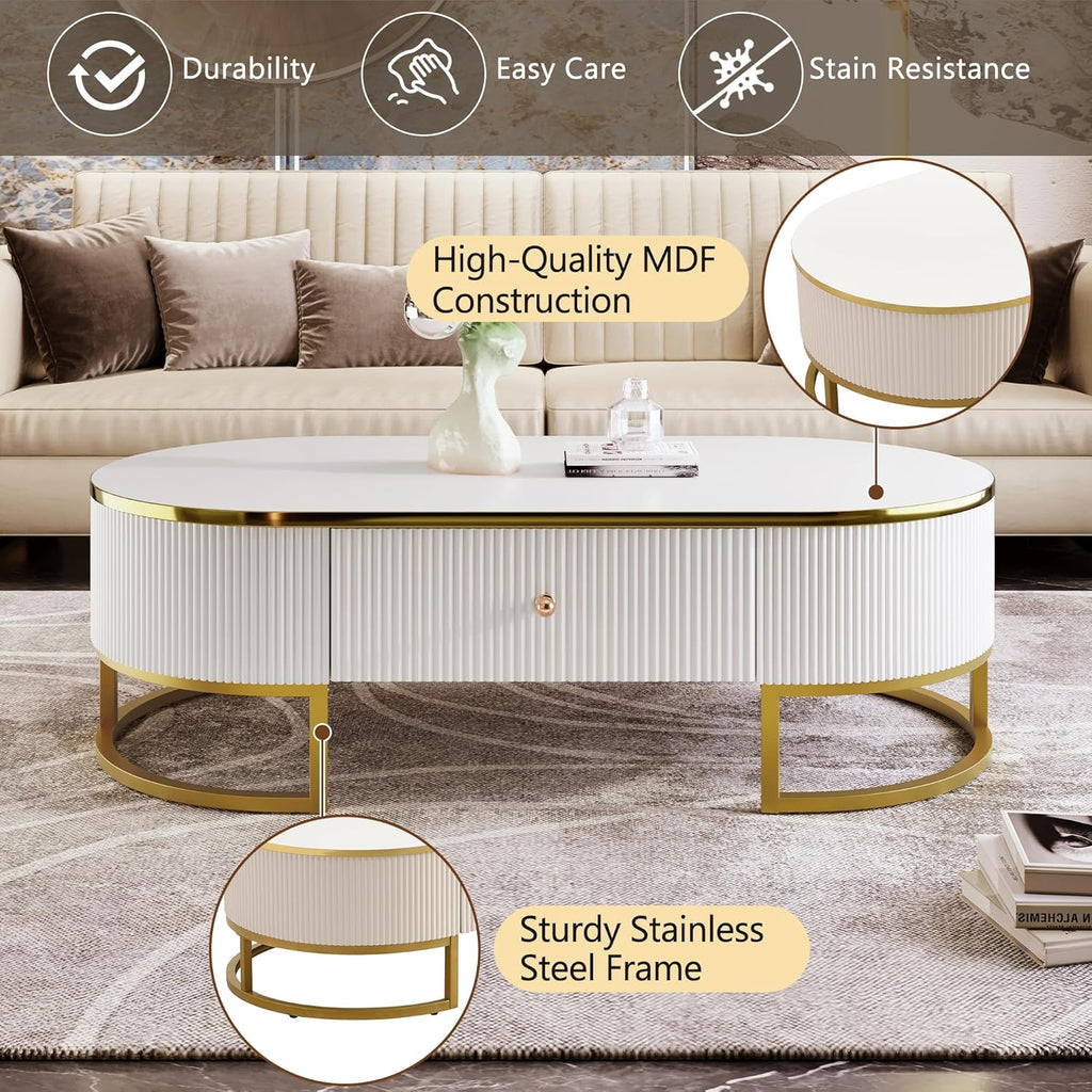 Coffee Table for Living Room, Modern Oval Shaped Coffee Table Set with 2 Drawers & Gold Metal Decor, Contemporary Luxury Cocktail Table Center Table for Office (White & Gold)