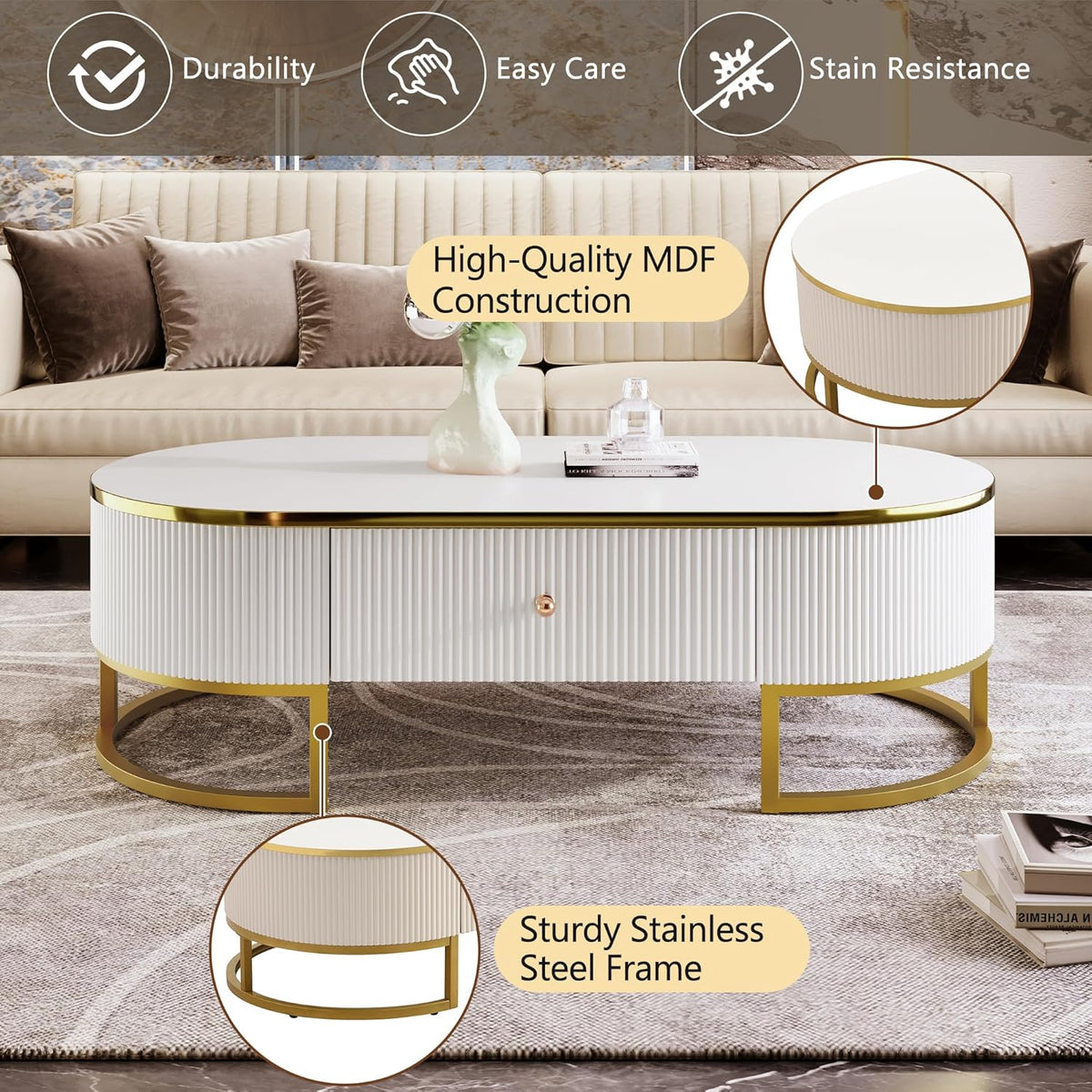 Coffee Table for Living Room, Modern Oval Shaped Coffee Table Set with 2 Drawers & Gold Metal Decor, Contemporary Luxury Cocktail Table Center Table for Office (White & Gold)