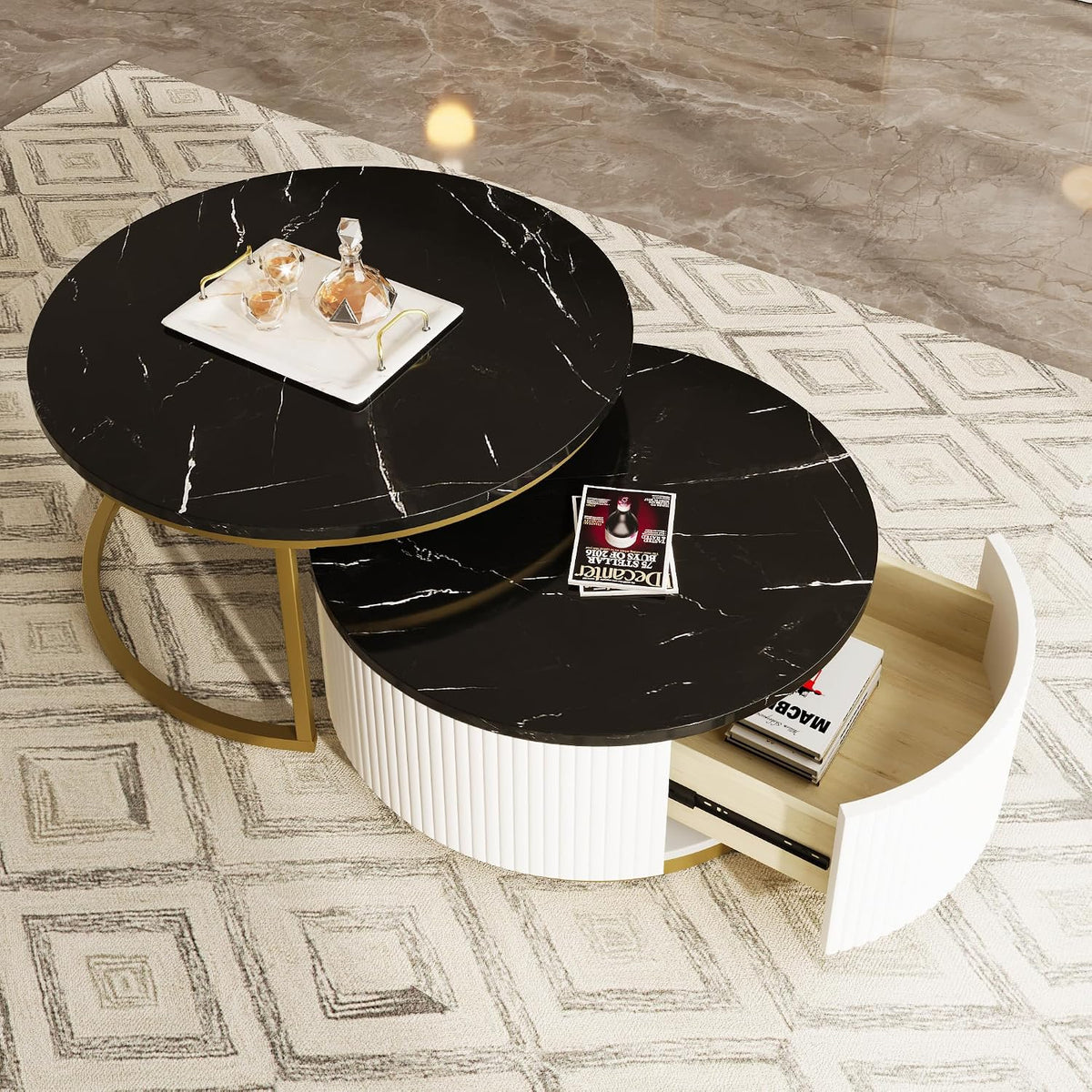 31.5' Black Round Nesting Coffee Table, Modern Coffee Table for Living Room with Storage Drawer Marble Tabletop End Side Table for Bedroom Dining Room