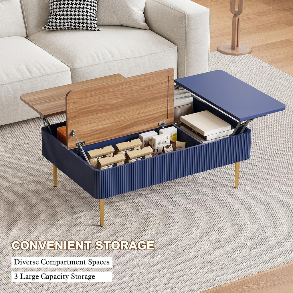 HLR 47' Dual Lift Top Coffee Table with Storage, Modern Wood Fluted Coffee Table with Hidden Compartment,Lift Tabletop Dining Center Table for Living Room, Office, Blue