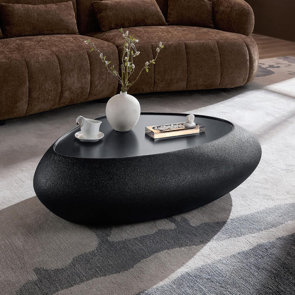 45.28' Oval Coffee Table, Modern Faux Stone Circle Center Tables Accent Drum End Side Table for Living Room, No Installation Required,Black