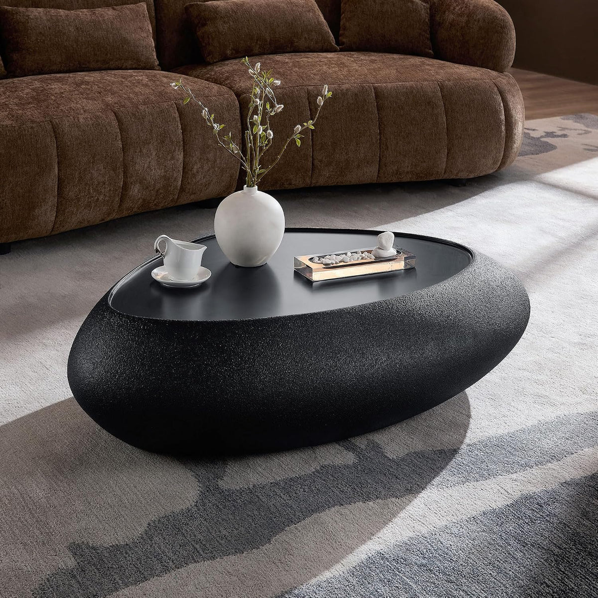 45.28' Oval Coffee Table, Modern Faux Stone Circle Center Tables Accent Drum End Side Table for Living Room, No Installation Required,Black