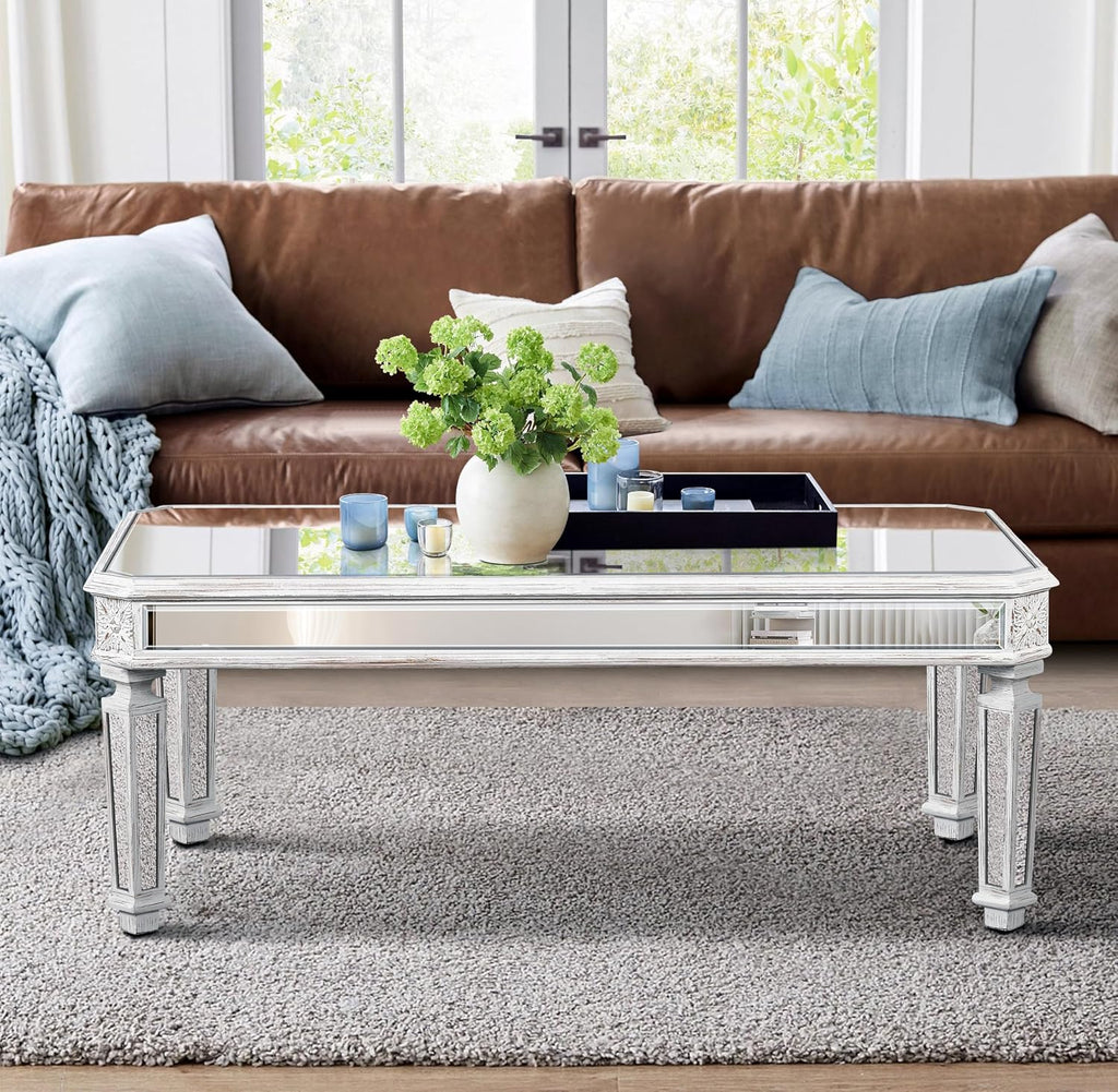 Modern Mirrored Coffee Table for Living Room Luxury Cocktail Center Table with Silver Mirror Finish Rectangular Small Coffee Table with Vintage Natural Carved Frame and Legs