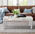 Modern Mirrored Coffee Table for Living Room Luxury Cocktail Center Table with Silver Mirror Finish Rectangular Small Coffee Table with Vintage Natural Carved Frame and Legs