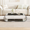 LUMISOL Luxurious Coffee Table with Black Glass Top, Oval Center Table with Storage, 2-Tier Glass Living Room Table with Stainless Steel Chrome Base, Silver