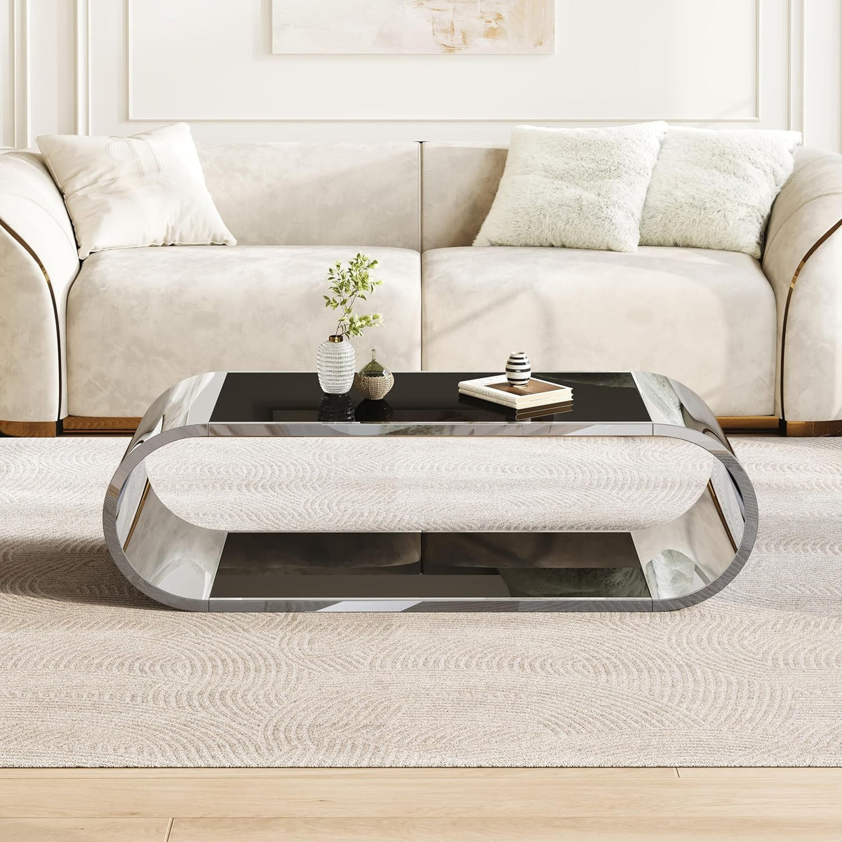 LUMISOL Luxurious Coffee Table with Black Glass Top, Oval Center Table with Storage, 2-Tier Glass Living Room Table with Stainless Steel Chrome Base, Silver