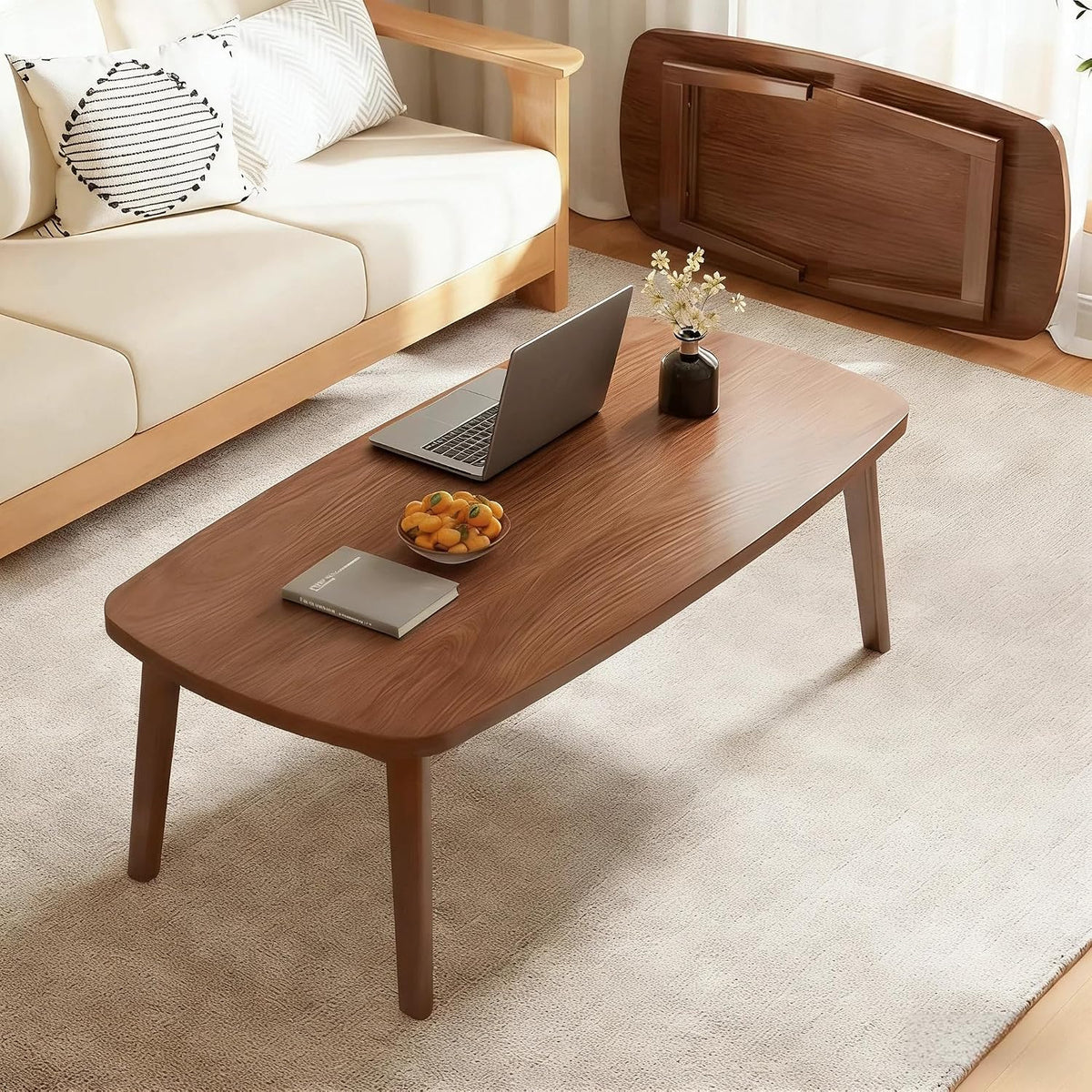 Foldable Coffee Table, Sofa Table, Coffee Tables for Living Room，Minimalist Solid Wood Side Table, Foldable Legs, Walnut Color.(31.5IN)