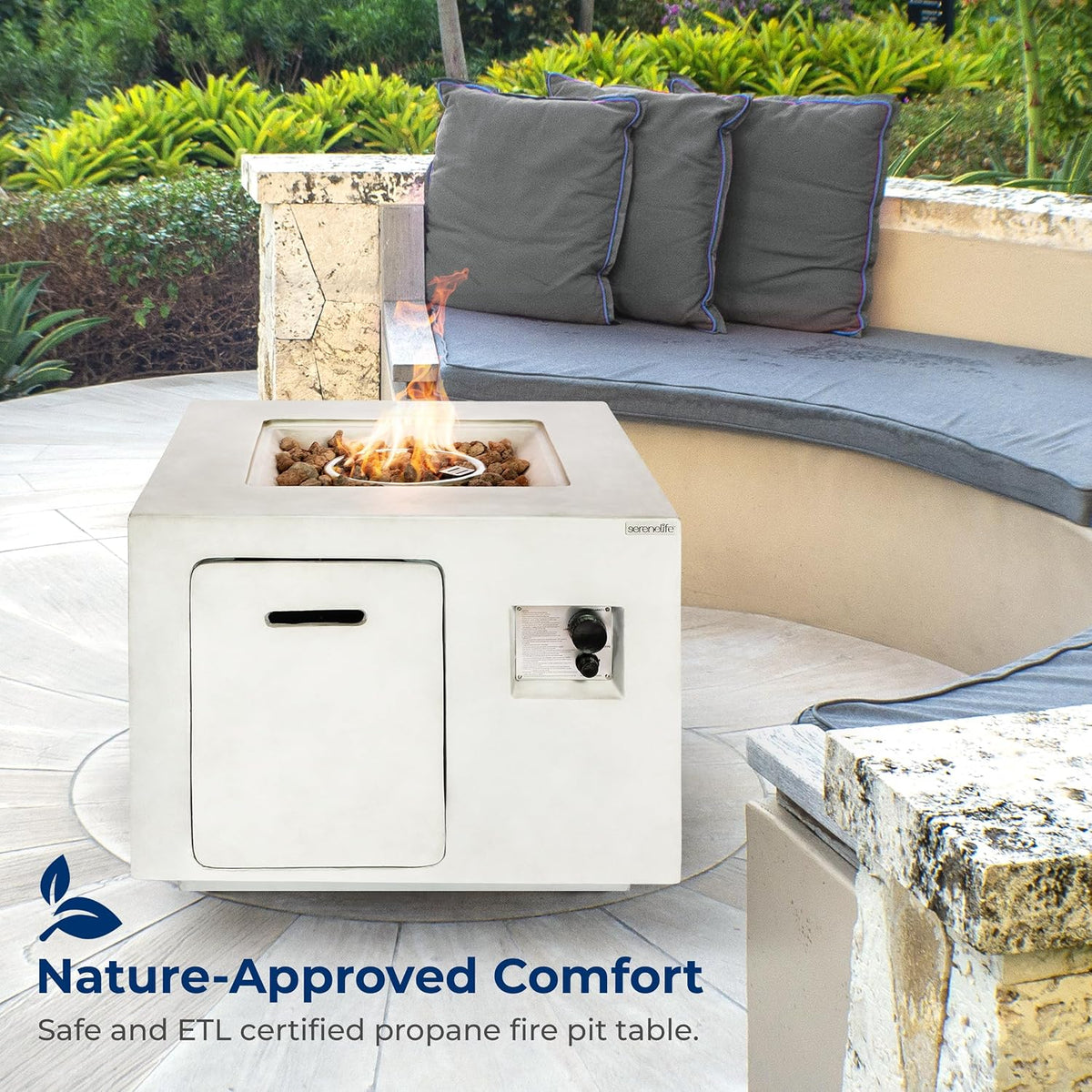 Outdoor Propane Fire Pit Table - CSA/ETL Certified Safe 40,000BTU Pulse Ignition Weatherproof Square Propane Gas Fire Table - Adjustable Flame, Thermocouple - PVC Cover, Lava Rock - SereneLife