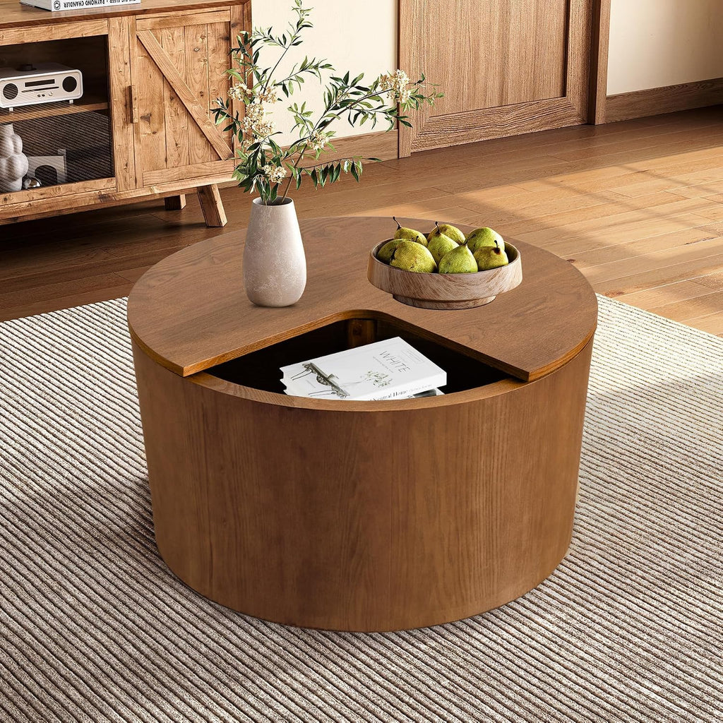 27.16' Round Coffee Table with Storage Modern Wooden Coffee Table Circle Accent Center Table for Living Room Small Space Apartment Office (Circle Brown)