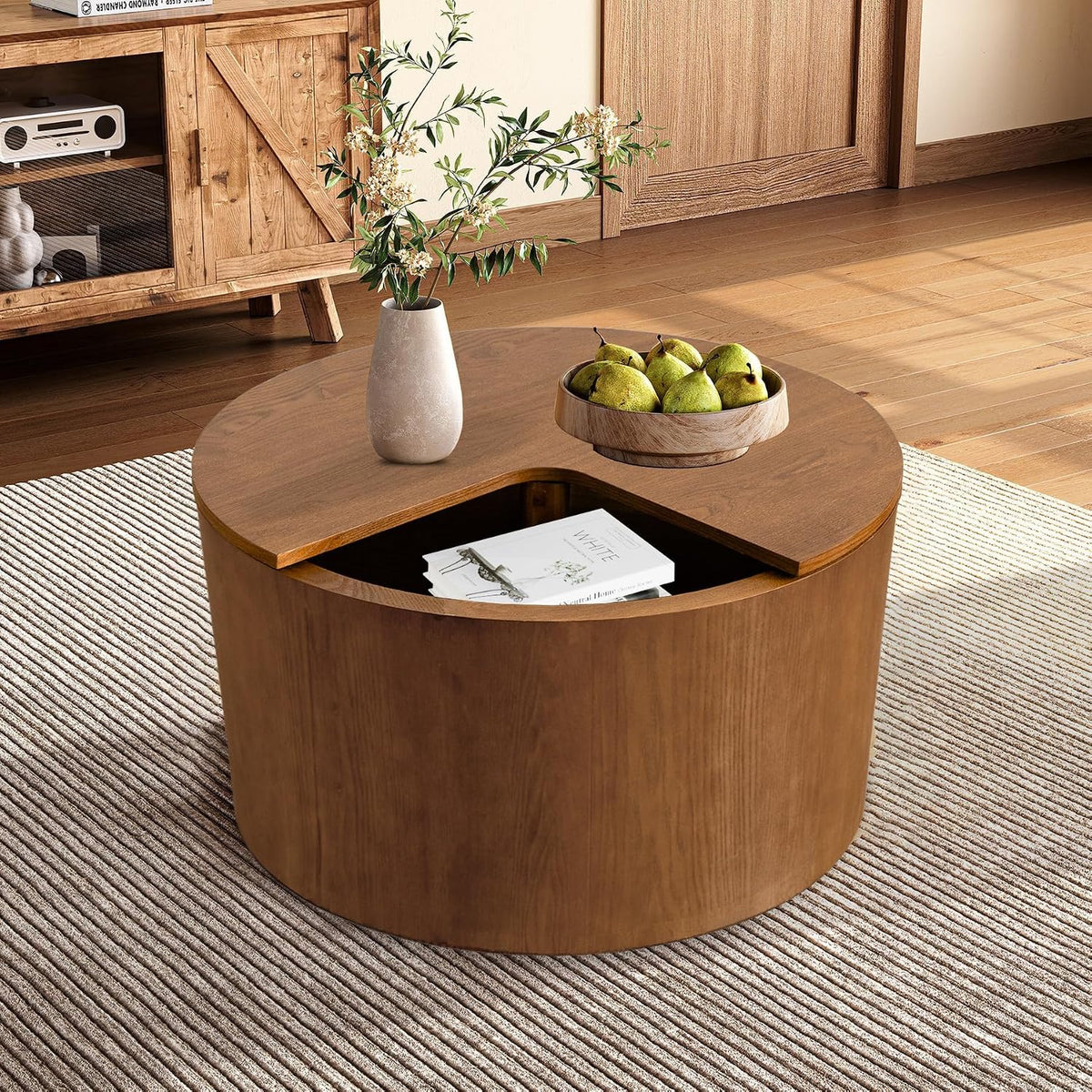 27.16' Round Coffee Table with Storage Modern Wooden Coffee Table Circle Accent Center Table for Living Room Small Space Apartment Office (Circle Brown)