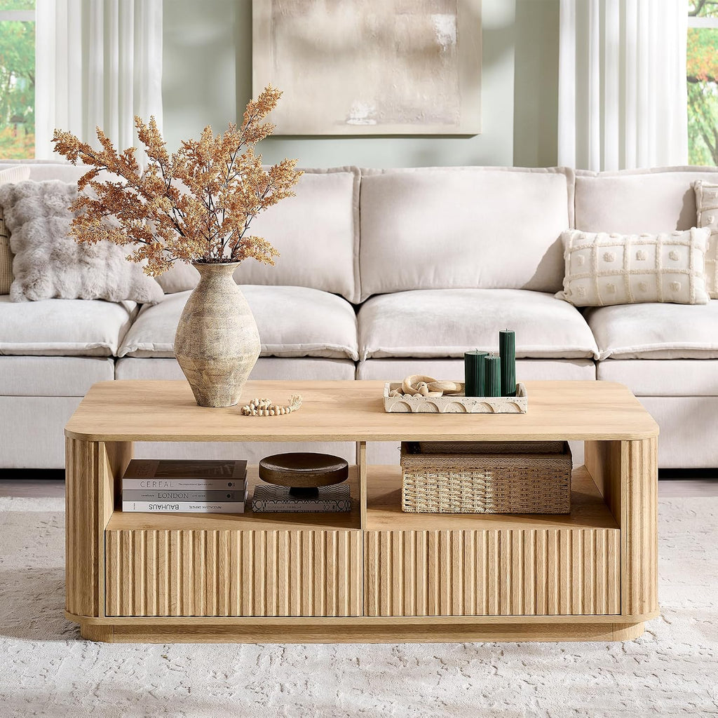 ACCOHOHO 51' Fluted Coffee Table with Storage, Large Modern Center Table with 2 Drawers, Rectangle Wood Coffee Table for Living Room