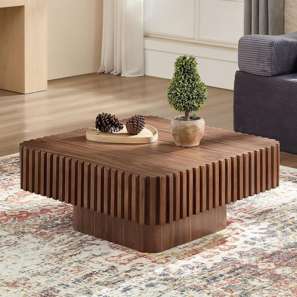 JUSTONE 31.5 Inch Square Coffee Table, 2-Piece Set Modern Walnut Wood Drum End Table for Living Room, Luxury Fluted Design & Sturdy Base, Minimalist Accent Center Table