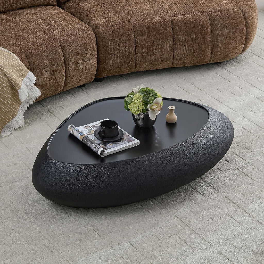 47' Modern Coffee Table Unique Rock Coffee Table Faux Stone Center Tables Round Edge Design Fiberglass Oval Accent Tables for Living Room Office Apartment No Assembly Required Black