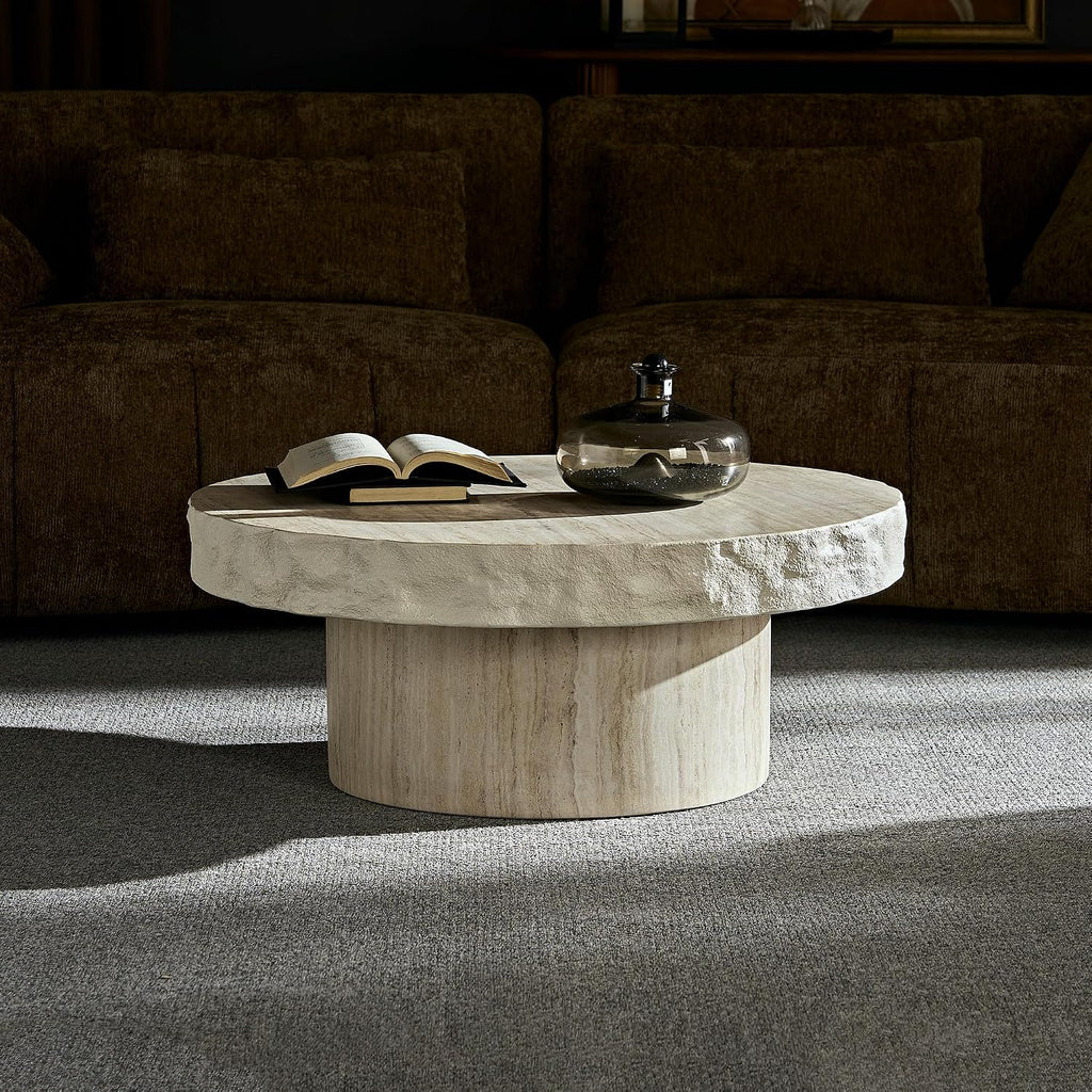 Faux Stone Round Coffee Table Set of 2 for Living Room, Modern Mid-Century Retro Pedestal Coffee Table, Fiberglass Material & Mars Textural Patterns, No Assembly, Beige