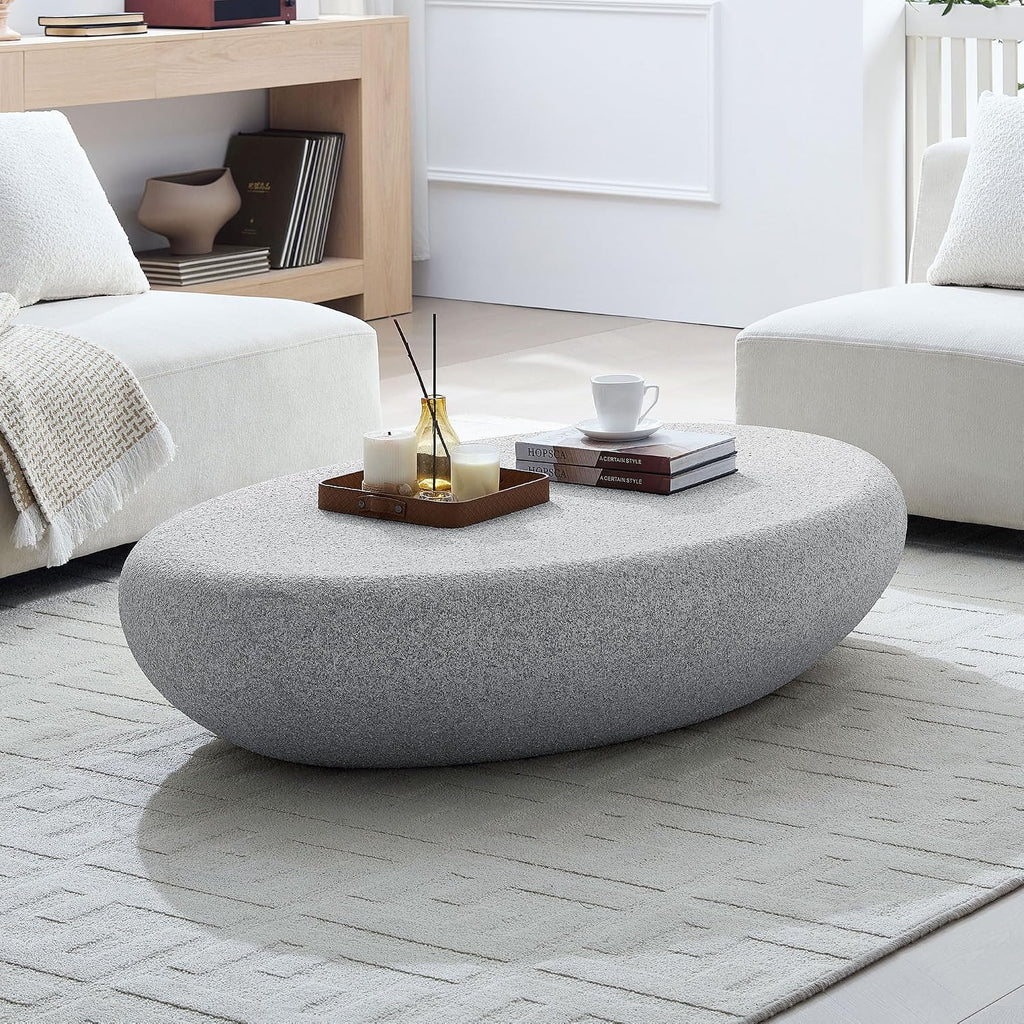 55.12' Faux Stone Coffee Table Modern Unique Coffee Table Oval Rock Center Tables Round Edge Design Fiberglass Concrete Accent Tables for Living Room Office Apartment No Assembly, Cement