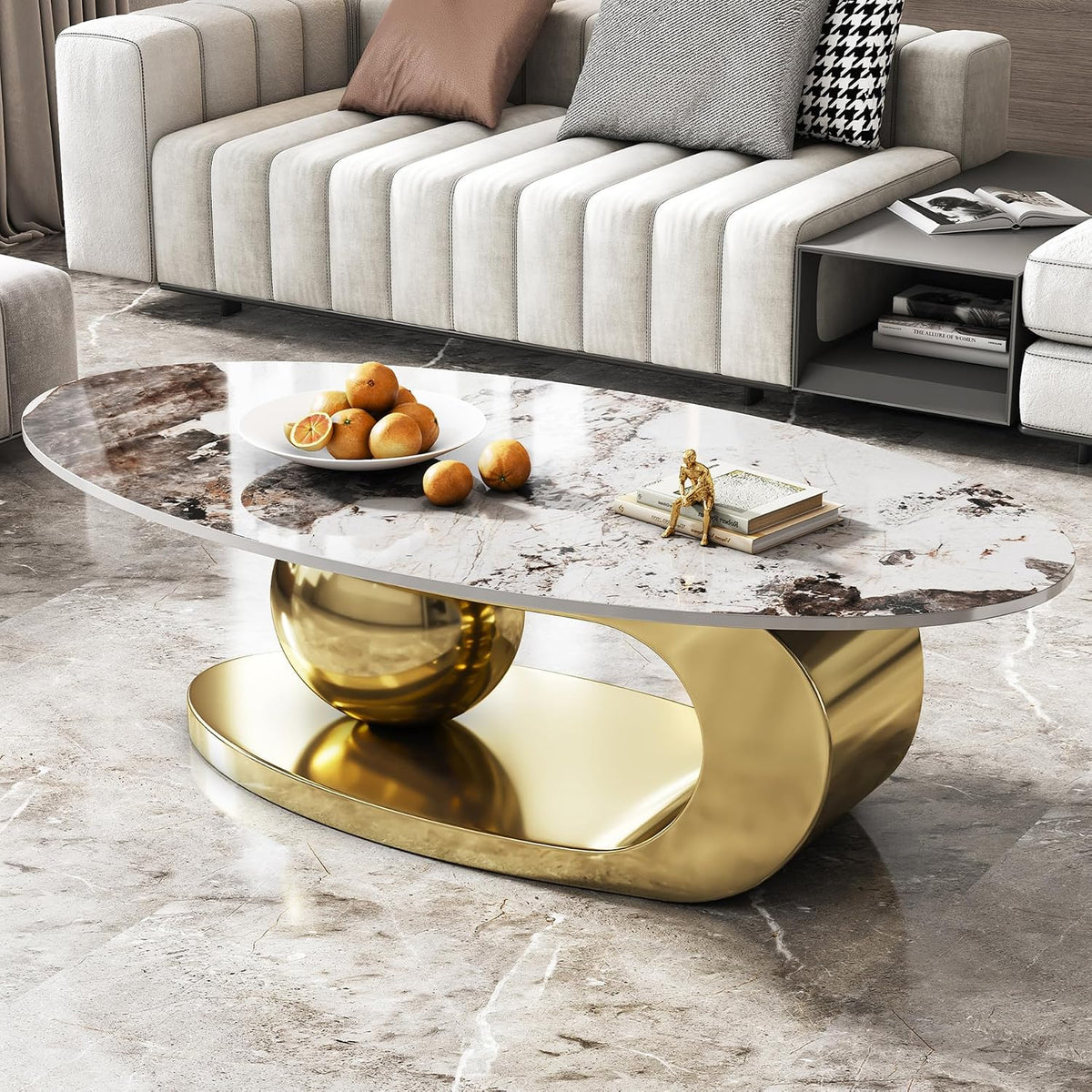 SSLine Modern Oval Coffee Table Luxury Sintered Stone Top Coffee Table with Sculptural Geometric Stainless Steel Base,Mid-Century Marble Grain Center Table for Living Room,Gold