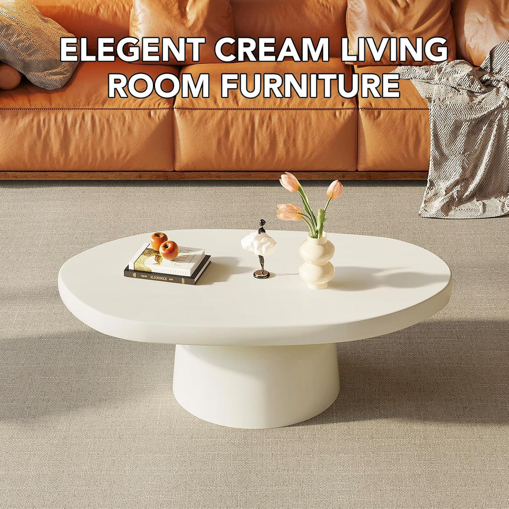 45.67' Oval Coffee Table, Modern Mid-Century Drum Center Table with Sturdy Base & Thick Tabletop, Simple Coffee Table for Living Room, Office, Easy Assembly, White