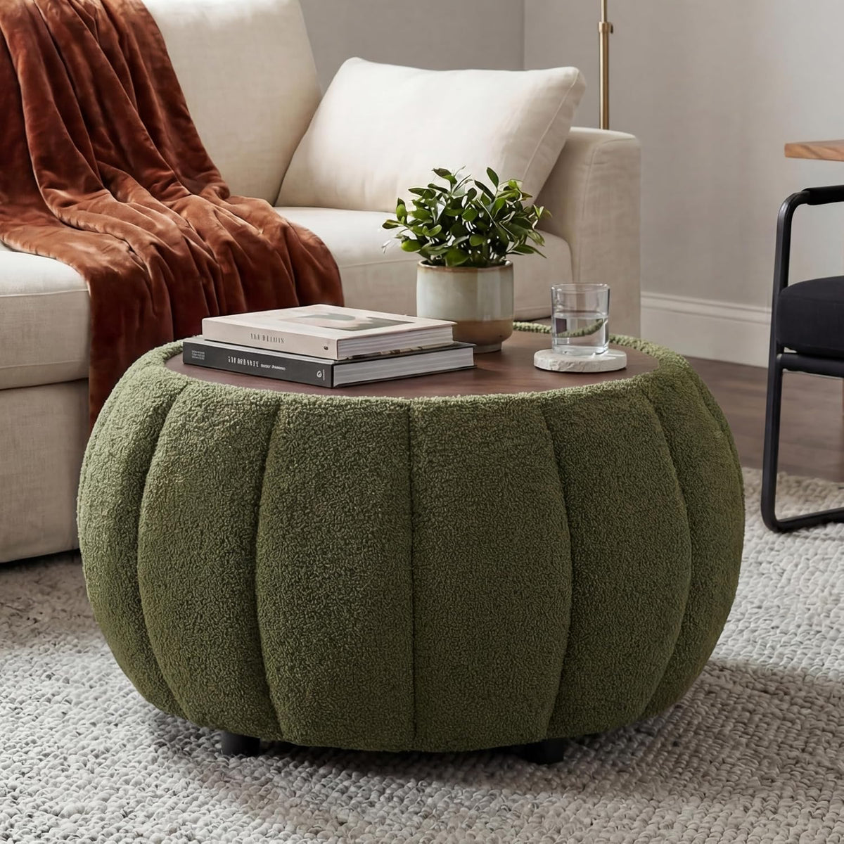 Ottoman Coffee Table for Living Room, Wooden Top Large Storage Ottoman, 30 Inches Round Coffee Table, Pumpkin Shaped Side Table, Multifunctional Teddy Fabric Footstool (Green)