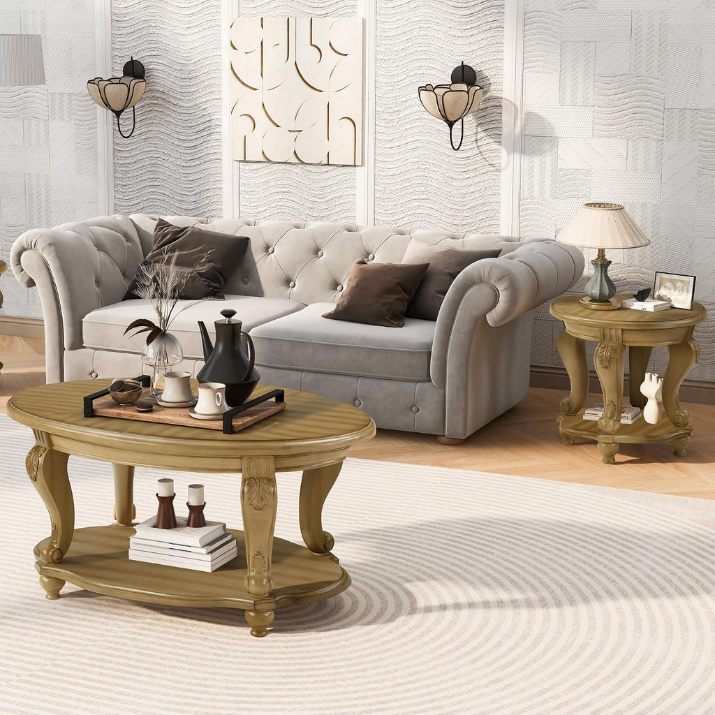 Coffee Table and End Table Sets, Oval Wood Coffee Table and Round End Table Set of 2 for Living Room, Victorian Vintage Center Table Set of 3 for Office