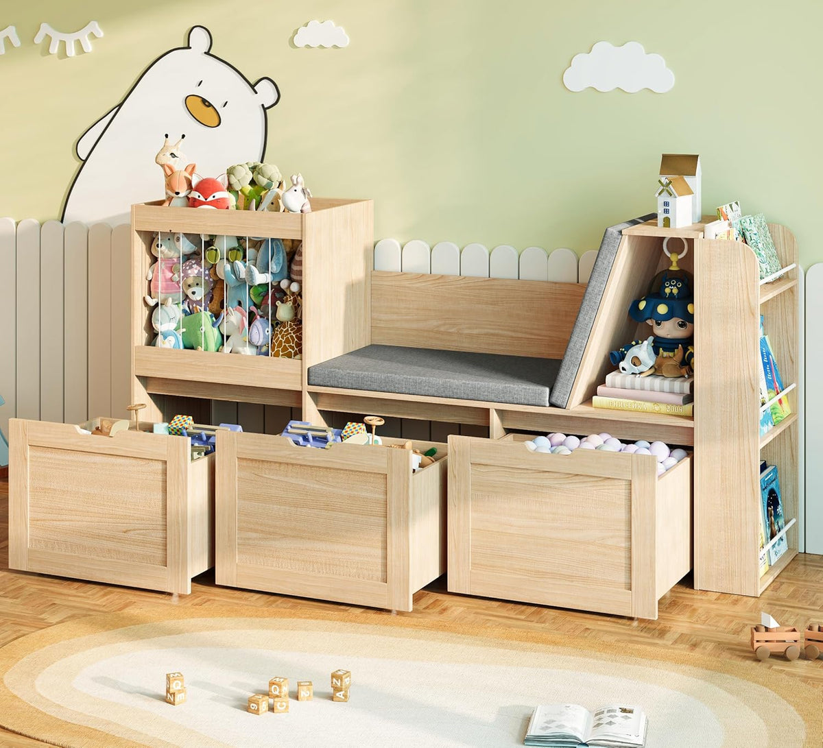 66.9' Kids Reading Nook, Toy Storage Organizer with Stuffed Animal Storage, Bench and Removable Cushions, Wooden Toddler Bookshelf with 3 Movable Drawers for Nursery, Playroom (Oak)