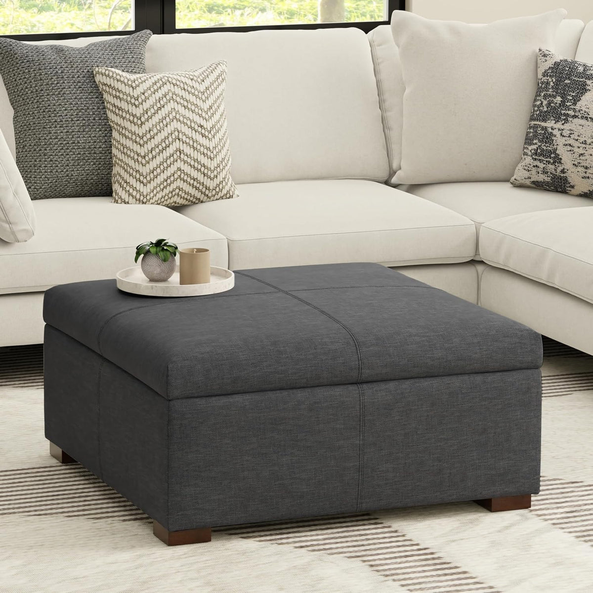 SIMPLIHOME Gabbie 36' WD Contemporary Square Coffee Table Storage Ottoman in Slate Gray