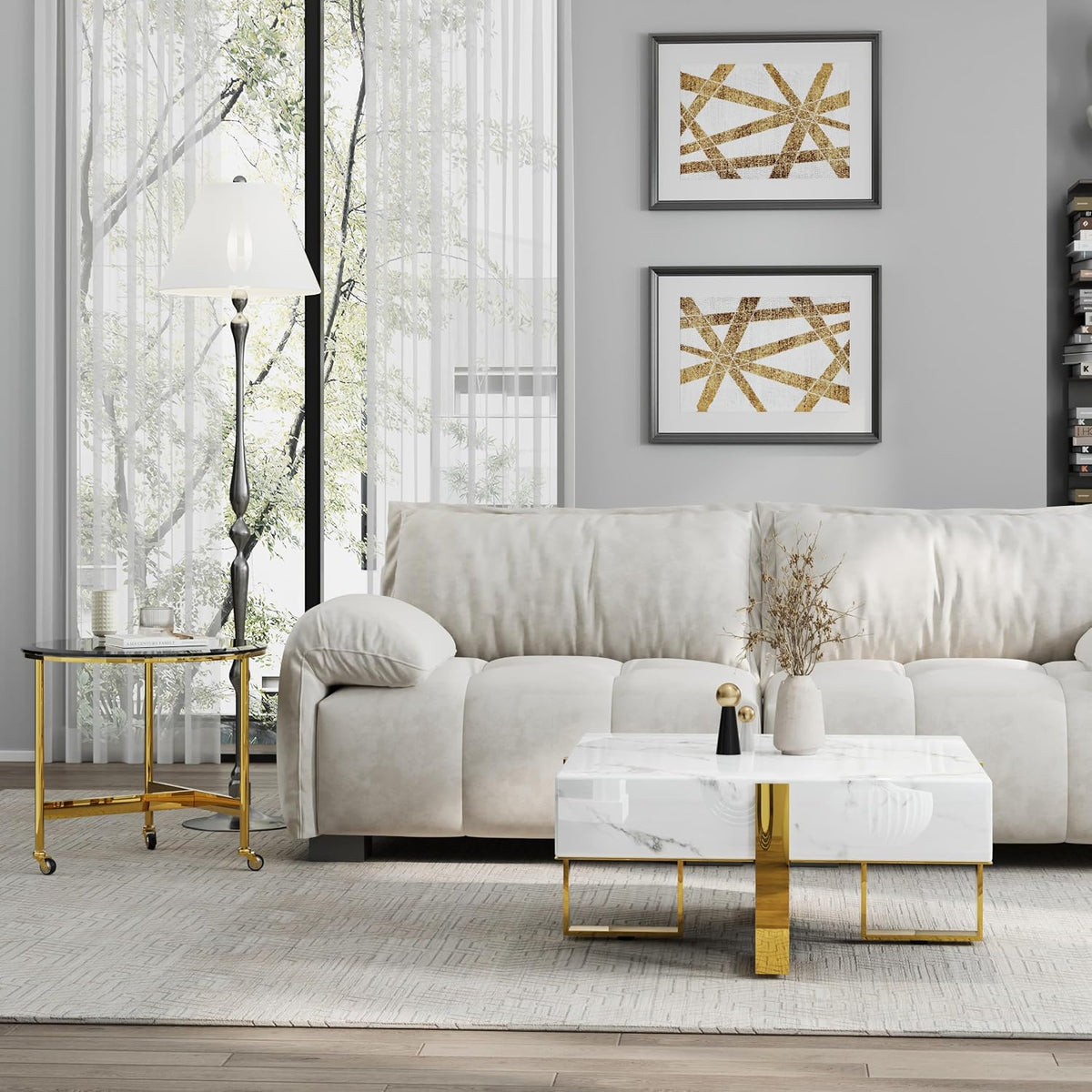 BQueen White Faux Marble Coffee Table with Polished Gold Base for Living Room Apartment Office