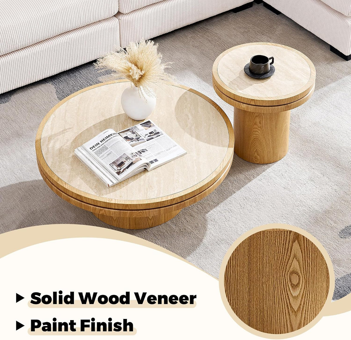 LKTART 19.49 Inch Round End Table with Sintered Stone Top, Mid-Century Modern Wood Table with MDF Pedestal, Small End Tables for Living Room Bedroom Apartment, Easy Assembly, Walnut