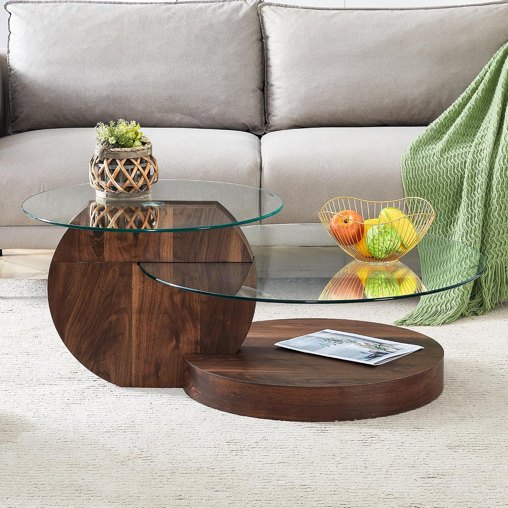 Ebullient Modern Round Glass Coffee Table, 3-Tier Wood Base Geometric Center Table for Living Room, Contemporary Accent Furniture, 42 Inch