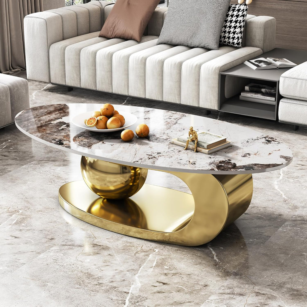 Oval Coffee Table with Sintered Stone Top, 49' Luxury Modern Center Table with Marble Pattern Table Top & Gold Stainless Steel Base, Easy to Clean C-Shape Unique Furniture for Living Room