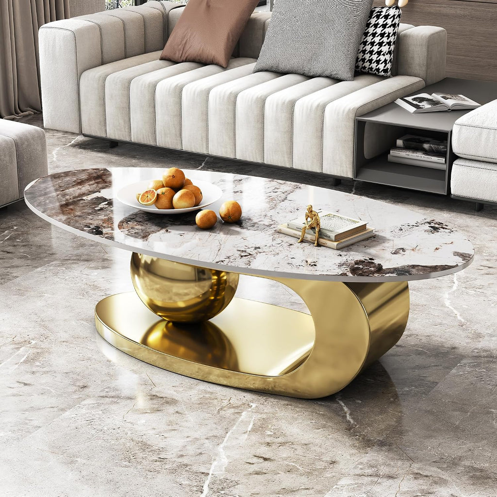 Henf Faux Marble Coffee Table for Living Room, 51 Inches Oval Imitation Marble Coffee Center Table with Gold Stainless Steel Base & Sintered Stone Tabletop