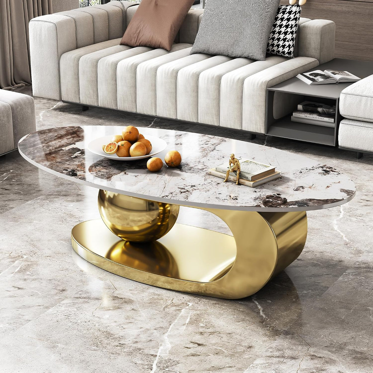 Henf Faux Marble Coffee Table for Living Room, 51 Inches Oval Imitation Marble Coffee Center Table with Gold Stainless Steel Base & Sintered Stone Tabletop