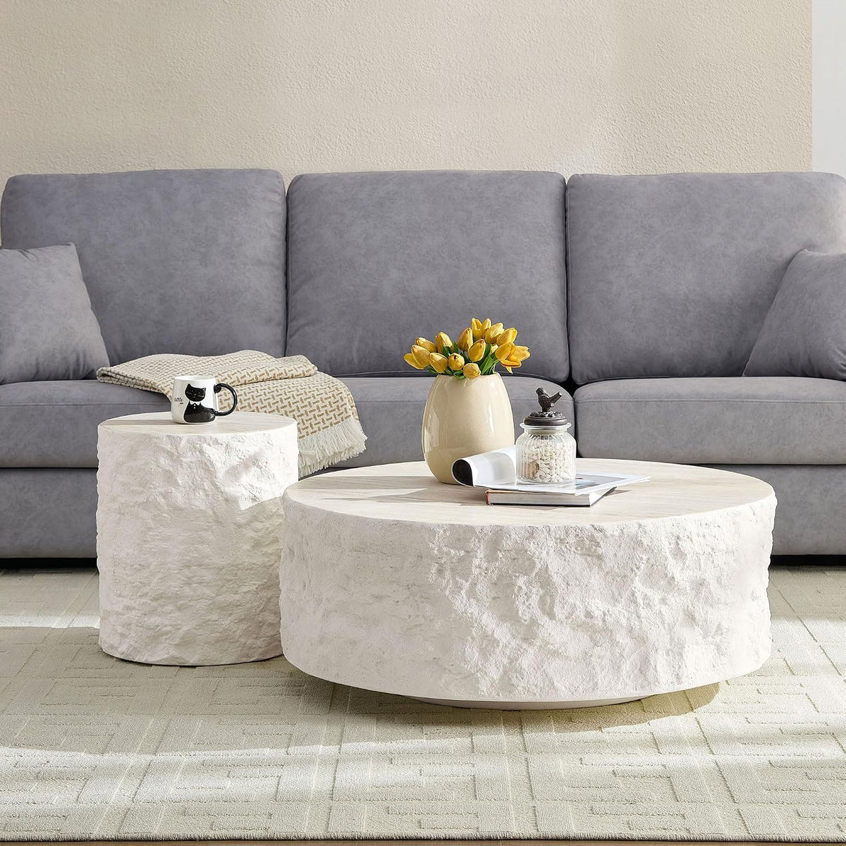 15.75' Round Fiberglass Side Table, Modern Imitation Stone Coffee Table for Living Room & Bedroom, Beige, No Assembly Required