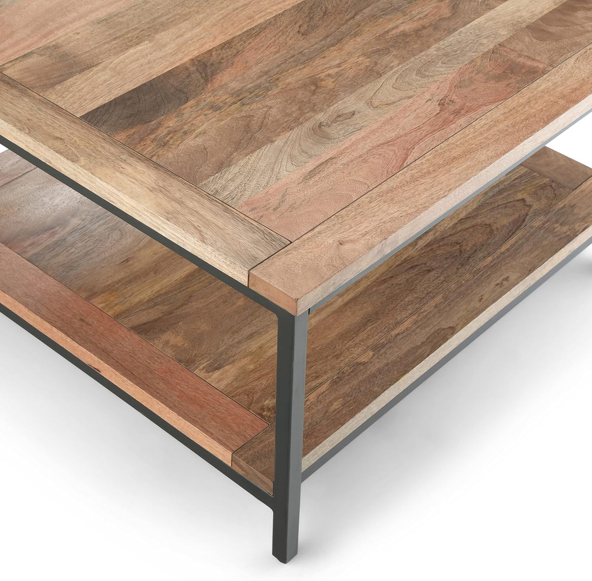 SIMPLIHOME Skyler Square Coffee Table - 34 inch Wide Solid Mango Wood and Metal Living Room Table in Natural, Industrial Center Table for Family Room or Lounge with Open Shelf and Black Frame