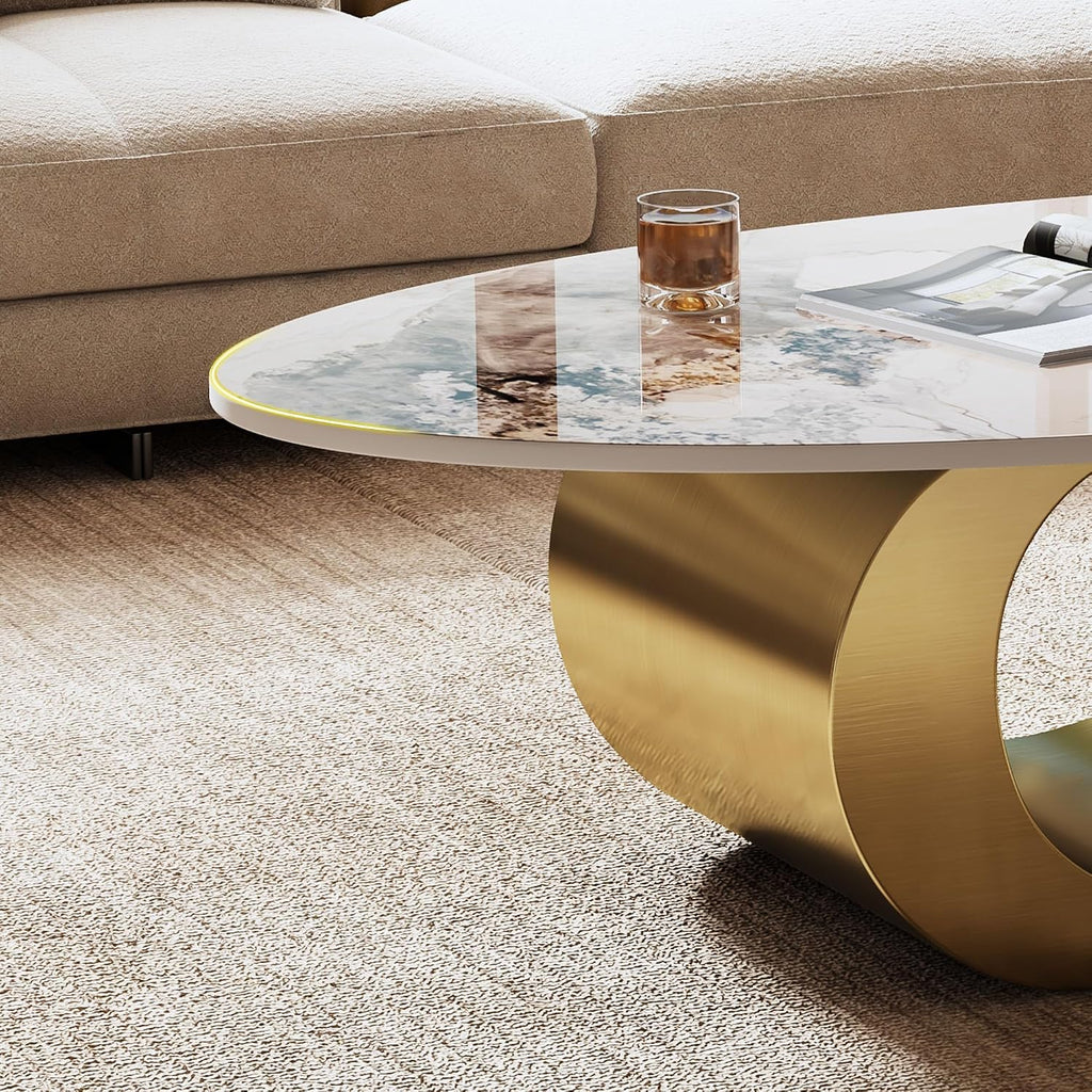 SSLine Modern Oval Coffee Table Luxury Sintered Stone Top Coffee Table with Sculptural Geometric S-Shape Stainless Steel Base,Mid-Century Marble Grain Center Table for Living Room,Gold