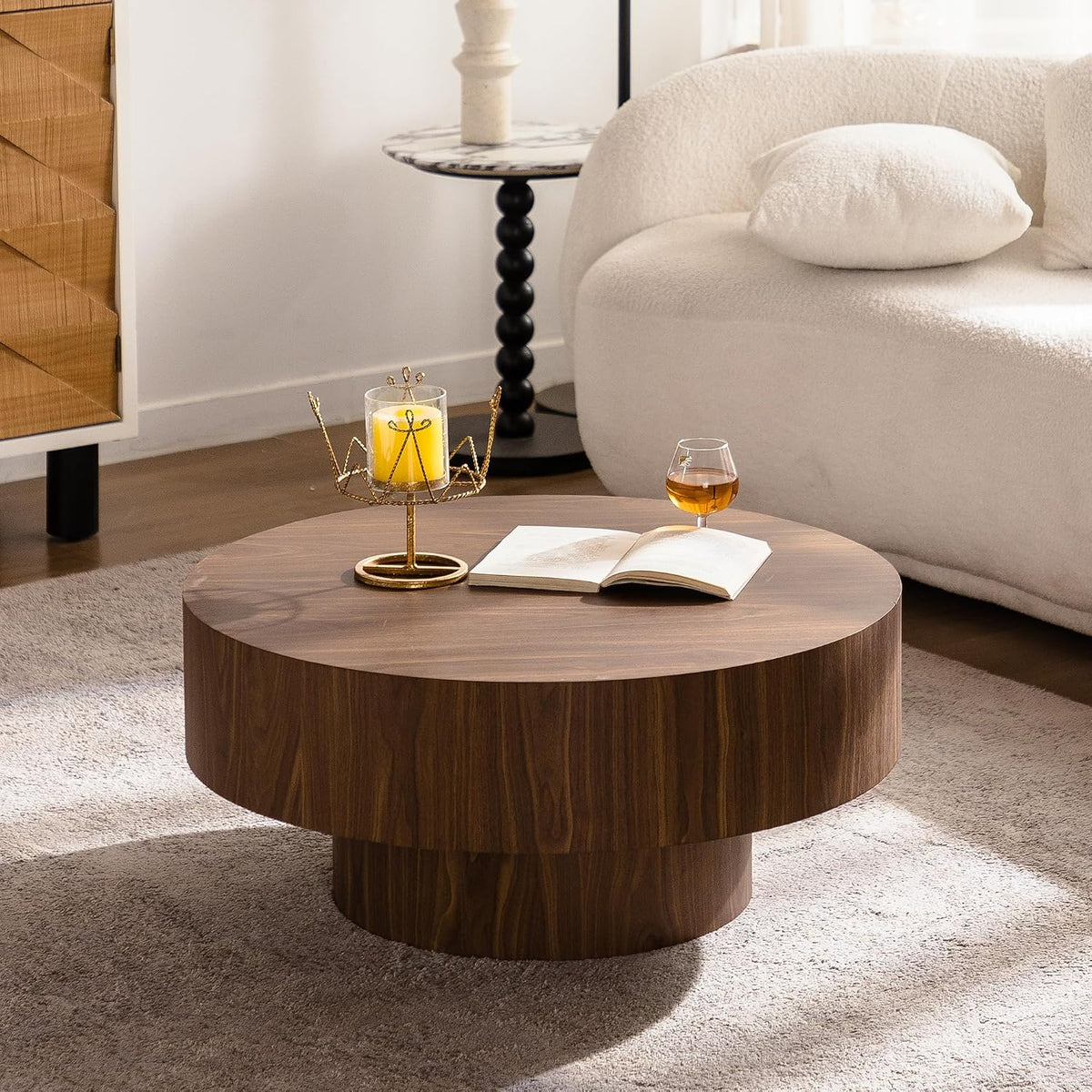KEVINSPACE Round Wood Coffee Table, Fluted CoffeeTable Handcraft Drum TeaTable CenterTable for Living Room, Modern Wooden CocktailTable for Small Space, Easy Assembly 30.51' Walnut