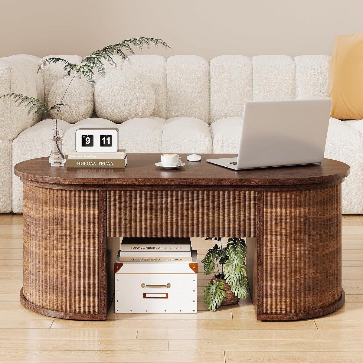 Fluted Lift Top Coffee Table with Storage, Oval Living Room Center Table with Hidden Compartment, Modern Mid-Century Wood Coffee Table for Small Spaces, Home Office, Walnut
