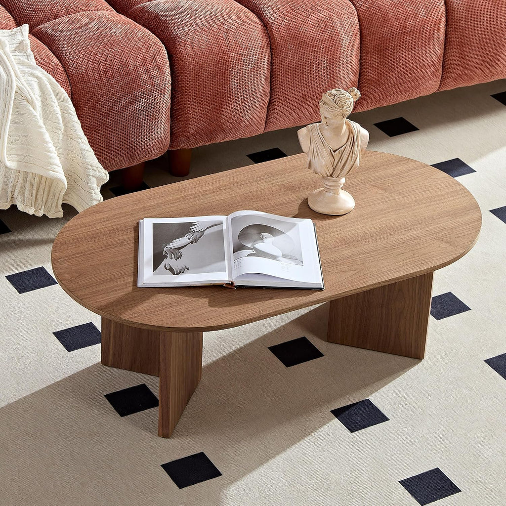 39.37 Inch Modern Coffee Table MDF Oval Coffee Table for Living Room Small Coffee Table with Sturdy Pedestal for Apartment Bedroom Walnut