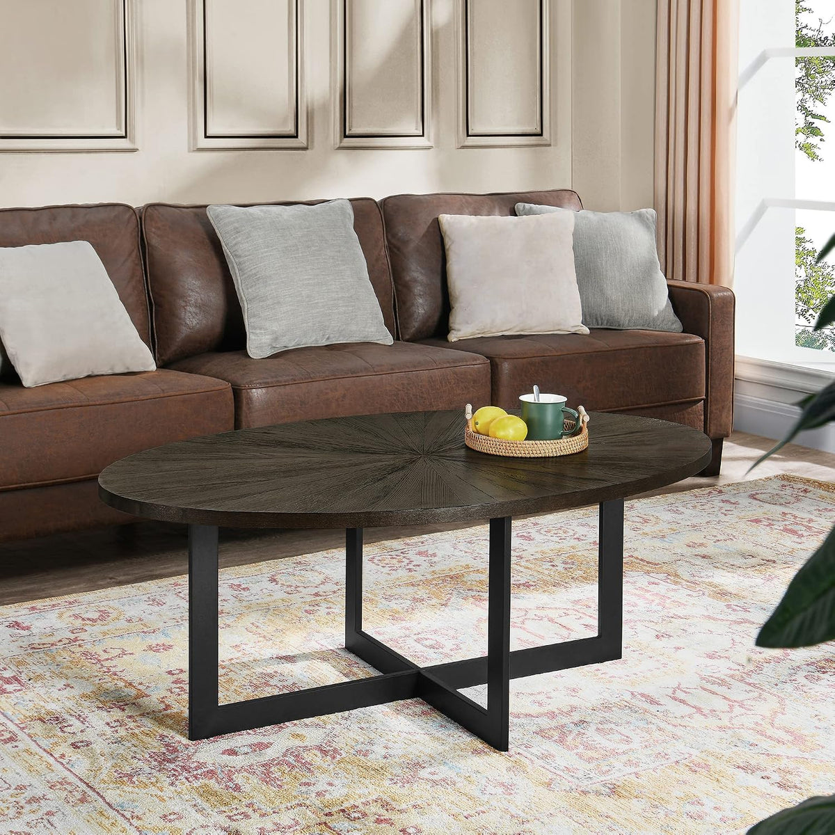 LEEMTORIG Solid Wood Oval Coffee Table for Living Room, 47.9 inch Large Modern Industrial Center Table, Cocktail Table with Wood Tabletop and Metal Legs for Small Space, Rustic Black KFZ-1831-BK