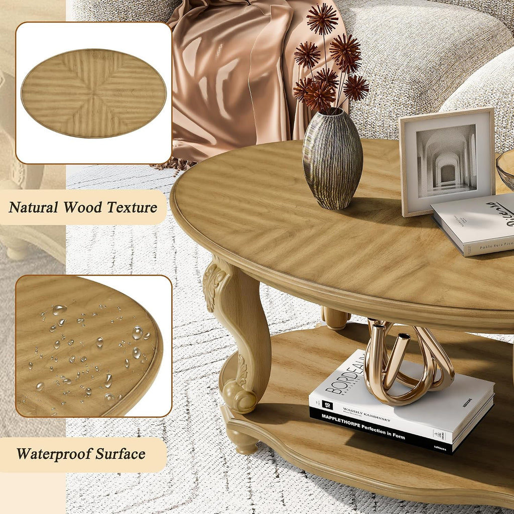 RuiSiSi 42' Oval Coffee Table for Living Room, Solid Wood 2-Tier Cocktail Table with Open Storage Shelf, Easy Assembly, Antique Natural