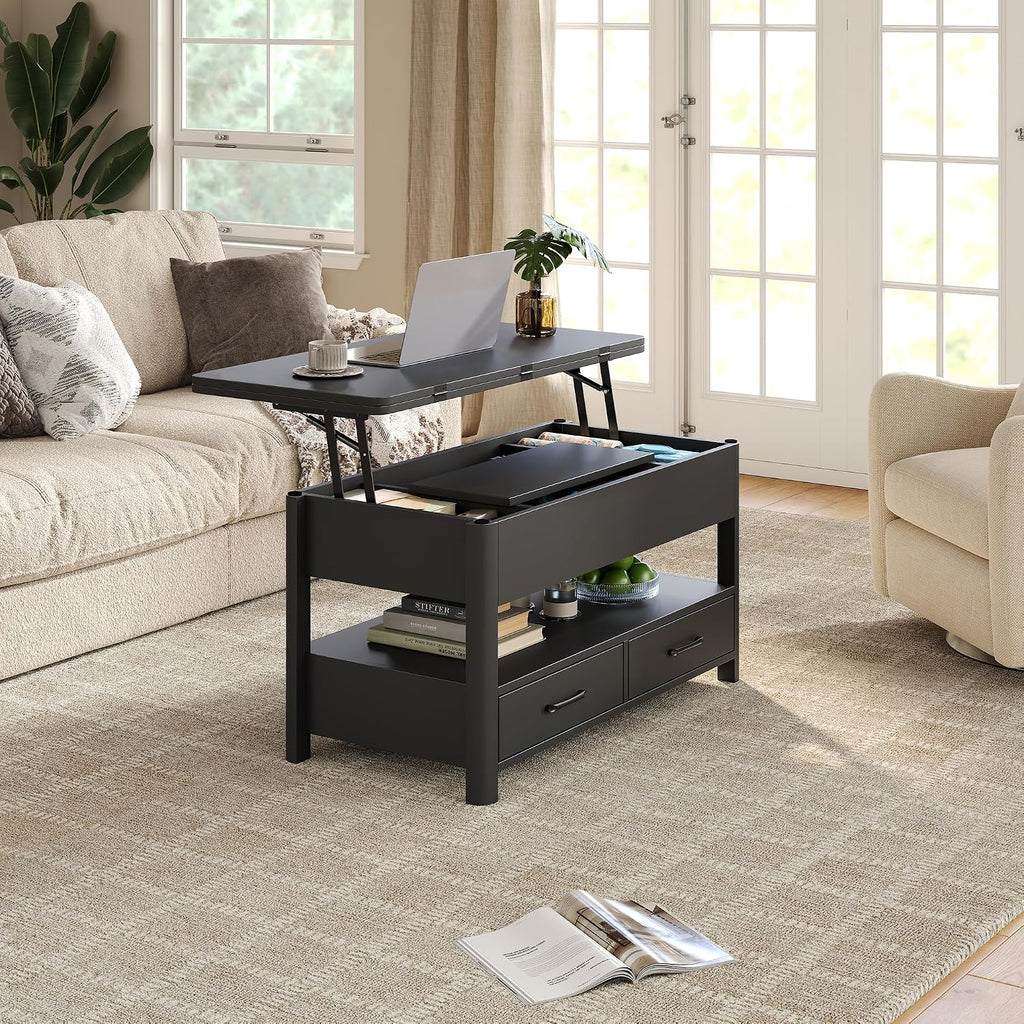 Lift Top Coffee Table, Converts to Dining Table for Living Room, Home Office, 4 in 1 Coffee Table with Storage, Center Table with Drawers and Hidden Compartment, Black