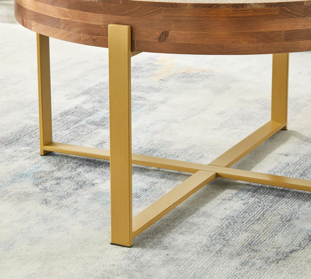 Gexpusm Round Wood Coffee Tables with Metal Leg, Farmhouse Circle Coffee Table for Living Room, Rustic Mid-Century Wooden Coffee Tables for Apartment, Easy Assembly(32' Dx32 Wx18 H)