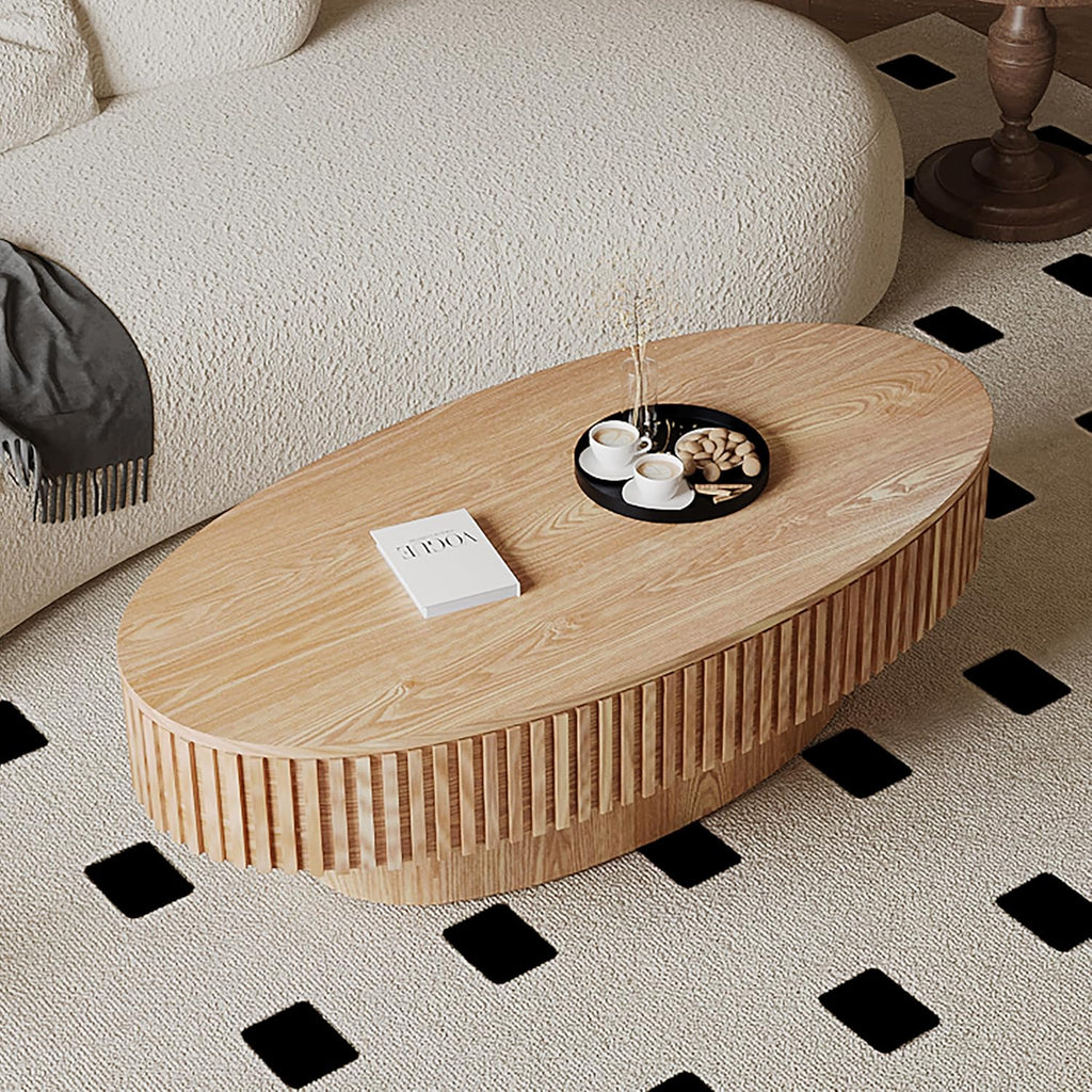 Henf 47' Oval Wood Coffee Table with Storage, Modern Handcraft Coffee Table Wooden Elliptic Sofa Center Table for Living Room Apartment Home Office, Easy Assembled (Natural)
