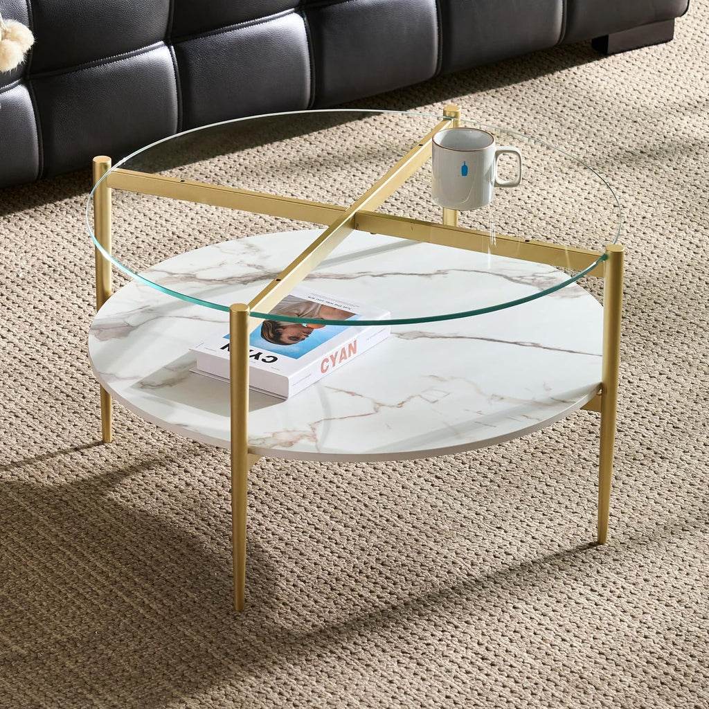 AGV LIGHTING 30' Round Glass Coffee Table,Mid-Century Modern Coffee Table for Living Room, Glod Finish Leg,2-Tier,Tempered Glass Top with White Marble MDF Shelf
