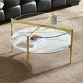 AGV LIGHTING 30' Round Glass Coffee Table,Mid-Century Modern Coffee Table for Living Room, Glod Finish Leg,2-Tier,Tempered Glass Top with White Marble MDF Shelf